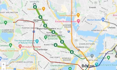 A map showing the route of a light rail transit line from Boston up through Somerville and Medford.