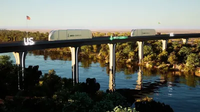 Rendering of autonomous cargo train moving across bridge across river in wooded area between Texas and Mexico.