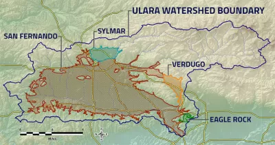 A map showing the extent of the San Fernando Valley Groundwater Basin in the northern reach of the city fo Los Angeles, along with a few other, smaller, adjacent groundwater basins.