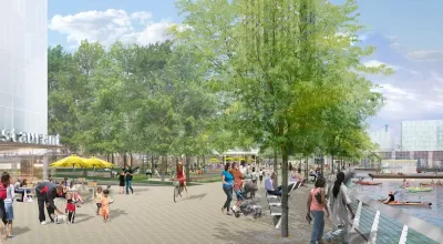 Rendering of people walking in waterfront park in Philadelphia, Pennsylvania