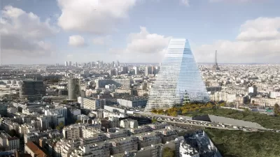A conceptual rendering of the planned Tour Triangle building sticks above the Paris skyline, with the Eiffel Tower in the distance.