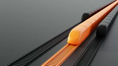 A conceptual rendering of three high-speed rail trains. The middle train is orange; the other two are black.