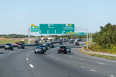 Herndon, USA - October 7, 2020: Sully road 28 multiple lane highway in Northern Virginia with traffic cars and exit sign for Washington Dulles airport, Sterling and Leesburg