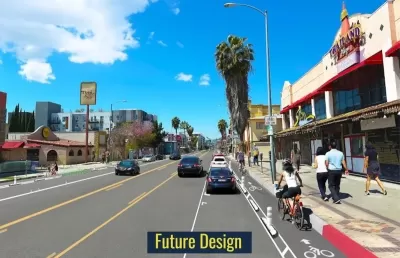 Rendering of protected bike lanes on Hollywood Boulevard in 'Thai Town' area of Los Angeles.