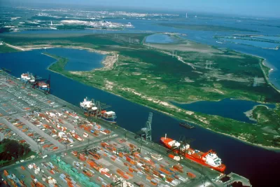 Aerial view of Houston Ship Channel with container ships