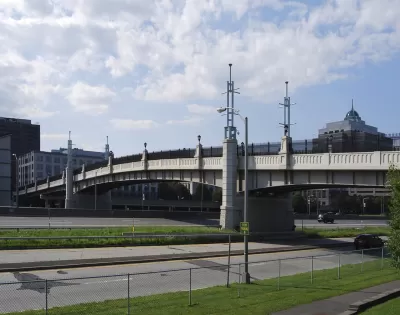 The Hudson River Way, a pedestrian bridge that links Broadway in downtown Albany, New York with the Corning Preserve on the bank of the Hudson River.