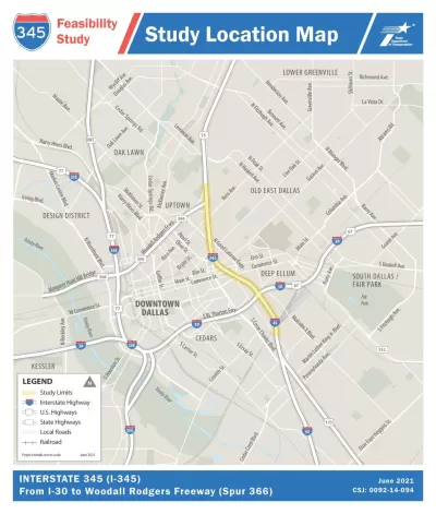 A map of the Keep It Moving Dallas feasibility study area along the I-345 Freeway in Dallas.