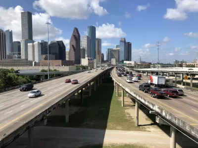 View south along Interstate 45 (North Freeway) from the ramp between westbound Interstate 10 and southbound Interstate 45 in Houston, Harris County, Texas