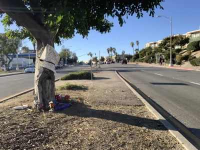 Memorial for a child killed by a car in San Diego under a tree on a curbside.