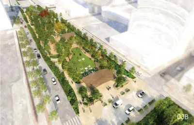 Rendering of proposed freeway cap park in Philadelphia, Pennsylvania.