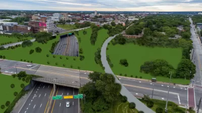 A conceptual rendering of a freeway cap built over the Innerbelt Freeway in Cleveland,