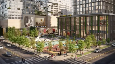 Rendering of Innovation QNS with landscaped open public space on corner and glass-clad building