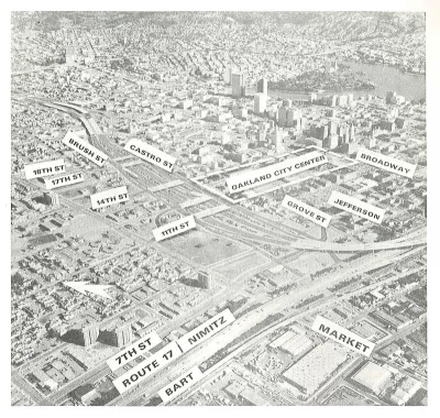 A historic image of the various highways and transportation modes planned around the create of Interstate 980 in Oakland, California.
