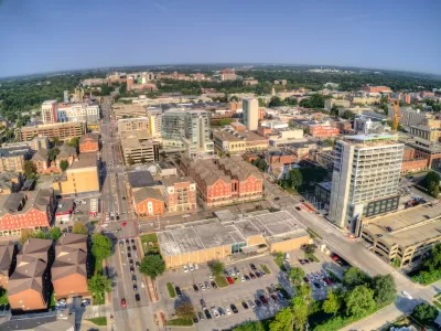 An aerial view of downtown Iowa City.
