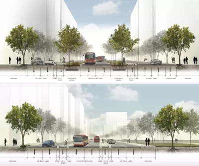 A proposed cross section of a center-running, protected bus lane.