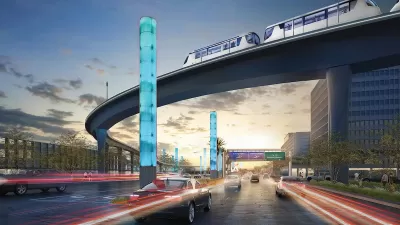 Rendering of automated people mover on elevated track at Los Angeles International Airport at nighttime with iconic light columns.