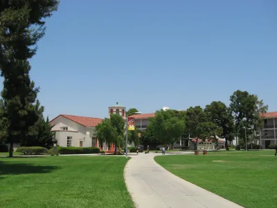 Spanish-style building with red tile roofs at Long Beach City College.