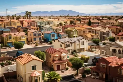 AI-generated image of residential single-family Las Vegas neighborhood with earth-toned Spanish-style two-story homes.