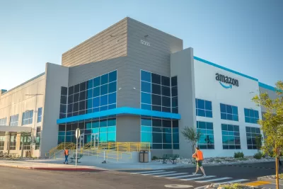 The exterior of a large Amazon distribution center located in Las Vegas, Nevada.