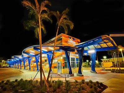 Colorful Lauderhill Transit Center at night.