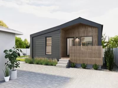 Rendering of modern black and brown one-story backyard home design