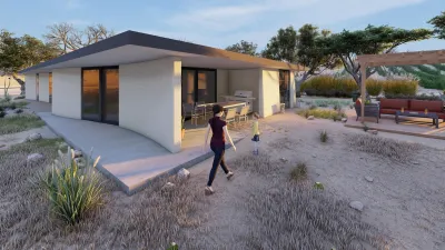 Rendering of modern single-story 3d-printed home in Marfa, Texas with desert landscaping.