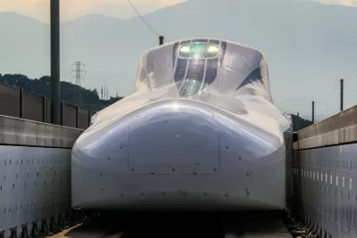 A maglev train undergoing testing by Central Japan Railway at the Yamanashi Maglev Test Track. 