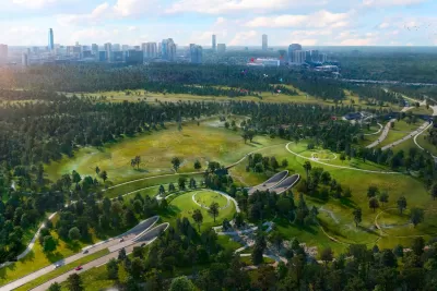 Rendering of aerial view of Memorial Park land bridge with Houston skyline in background