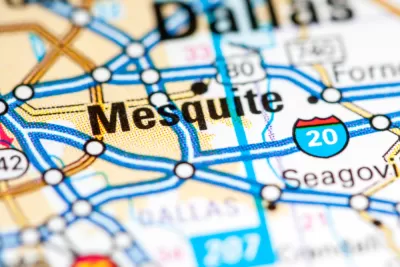 A map showing the city of mesquite with surrounding freeways, roads, and cities.
