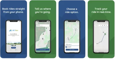A collection of screengrabs showing the uses of the Met-Go on-demand transit app.
