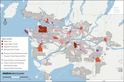 A map of transit-rich areas and urban centers in the Vancouver, British Columbia region.