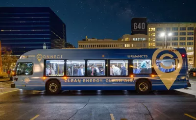 Blue Connect 1 bus at nighttime in Milwaukee, Wisconsin