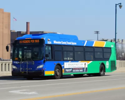 Blue Milwaukee public transit bus.