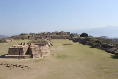 Aerial view of Monte Alban plaza ruins in Mexico.