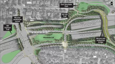 A rendering showing a planned freeway improvement project that will create a "lid" over State Route 520 for use as public open space.