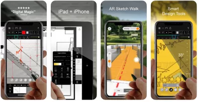 Screengrabs from the Morpholio Trace showing the drawing and annotation tools of the CAD app.