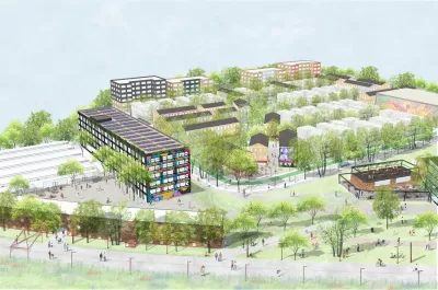 A rendering of a proposed development, with apartment buildings and neighborhood-serving retail.