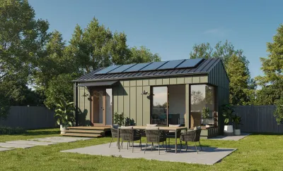 Rendering of green backyard cottage in a grassy yard.