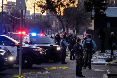 Police clearing a homeless encampment in Minneapolis, Minnesota.