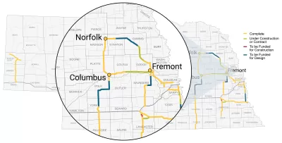 A map showing planned and under-construction segments of roads in Nebraska.