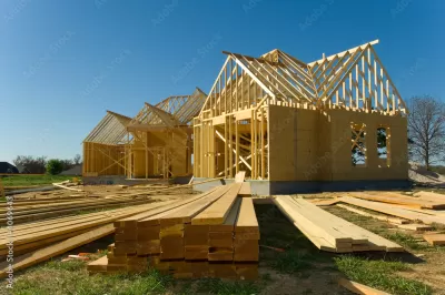 A new house is under construction with the walls and the roof installed but only the frames and trusses, respectively.