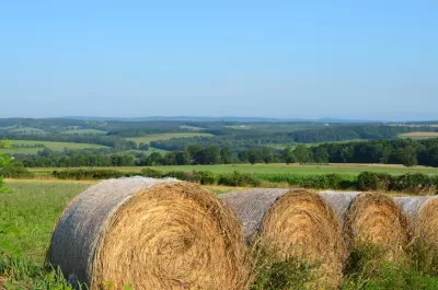 A bale if hay is rolled up in an expansive agricultural landscape.