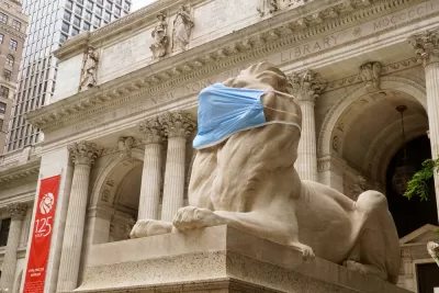 The New York Public Library's stone lions Patience and Fortitude have donned face masks to remind New Yorkers to wear face coverings during the COVID-19 pandemic.