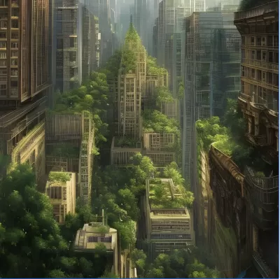 A futuristic version of New York City, with plants growing neatly on top of modern skycrapers.