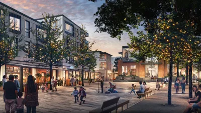 Rendering of public plaza with peopple and benches at night in California forever planned development.