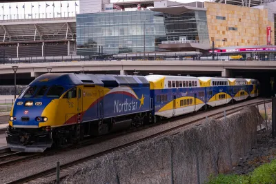 Blue and yellow Northstar commuter train.