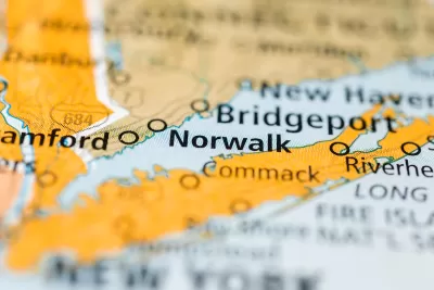 A map of the Connecticut shoreline along the Long Island Sound highlights the cities of Norwalk and Bridgeport, among others.
