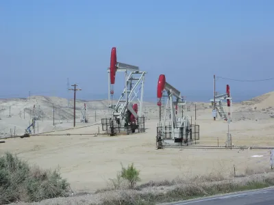 Oil derricks in oil field in California.