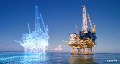 Photo of offshore oil right with digital twin model illustration next to it.