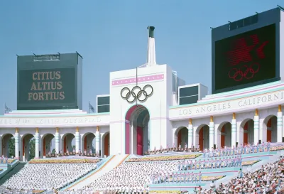 The Los Angeles Memorial Coliseum during the opening ceremonies of the 1984 Summer Olympic Games.